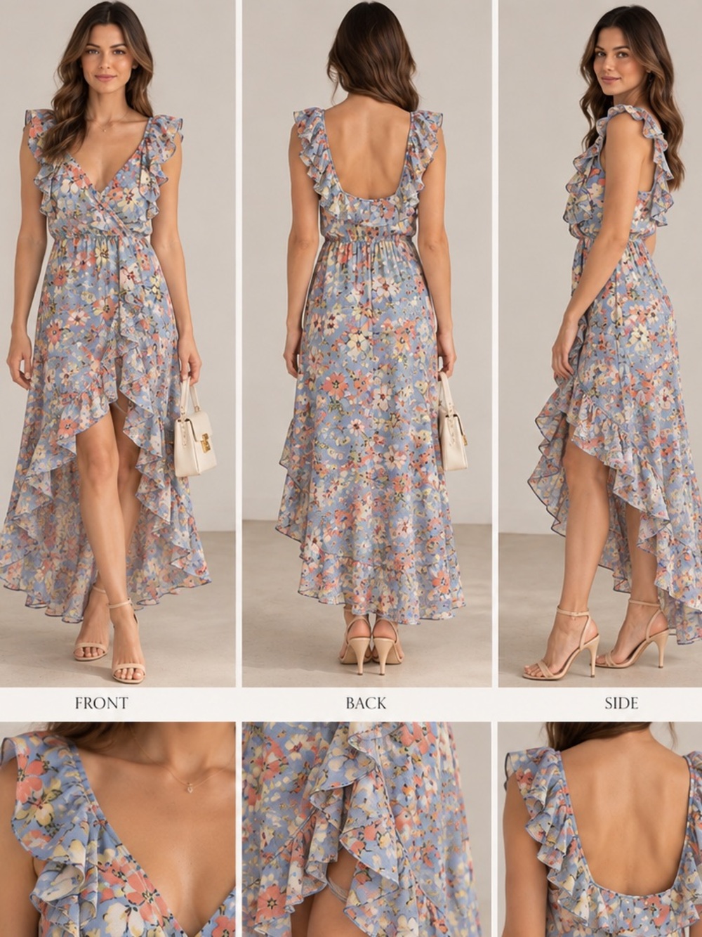 Socialite Pastel Blue Floral Ruffle High-Low Dress